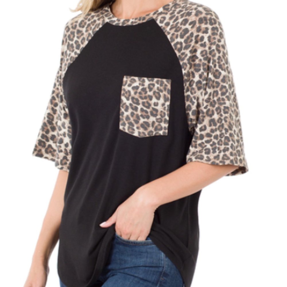 ZENANA BLACK & LEOPARD PRINT HALF SLEEVE TUNIC